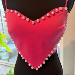 Chic Pearl-Trim Pink Heart Cropped Top size Small Sold out!